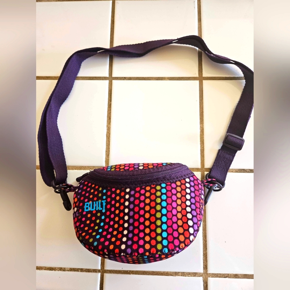 "BUILT" CAMERA CASE, RAINBOW DOT with PURPLE adjustable/removable strap LARGE